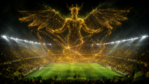 Egregora: entidade espectral dourada emergindo da torcida em estádio | Fábio Costa