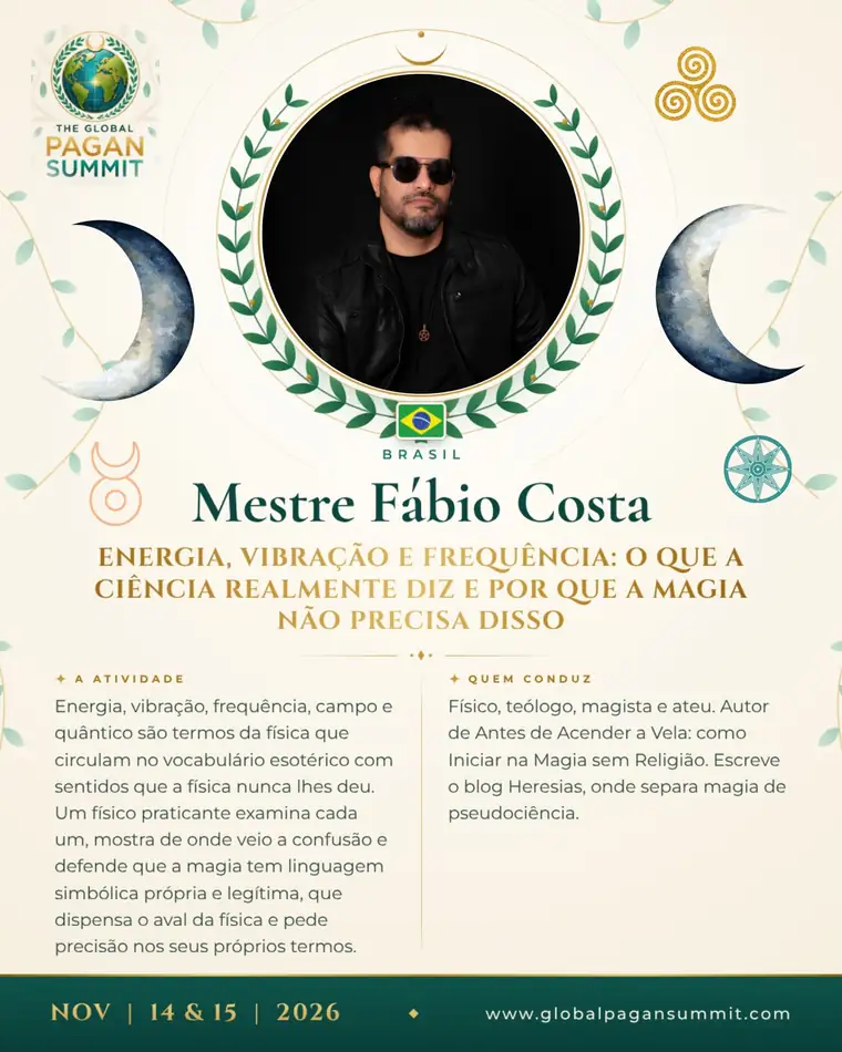 Card oficial do Global Pagan Summit com Mestre Fábio Costa